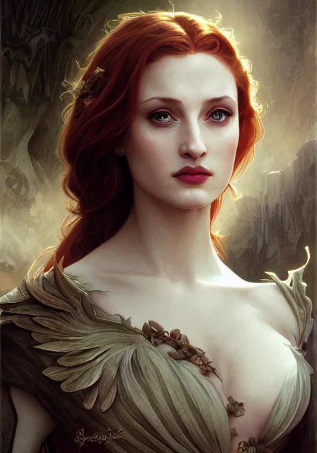 Image similar to sansa angeline jolie gessica chastain dark fairy, intricate, elegant, highly detailed, digital painting, artstation, concept art, smooth, sharp focus, illustration, art by artgerm and greg rutkowski and alphonse mucha and william - adolphe bouguereau