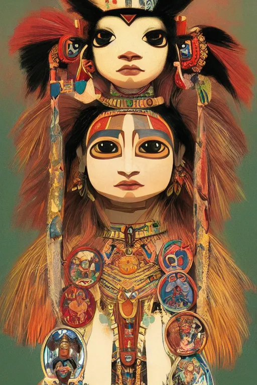 Image similar to A beautiful portrait of Hopi kachina dolls, symmetrical features, cinematic lighting, soft bokeh, fantasy, modern, colourful, highly detailed, digital painting, artstation, deviantart, concept art, sharp focus, illustration, by alphonse mucha