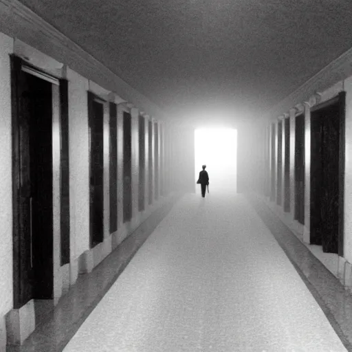 Image similar to dolly zoom stretch shot of a impossibly long hallway at the overlook hotel from the movie the shining, moody lighting, smoke effects, strobe lights, particle effects, atmospheric, in the style of stanley kubrick - h 6 4 0