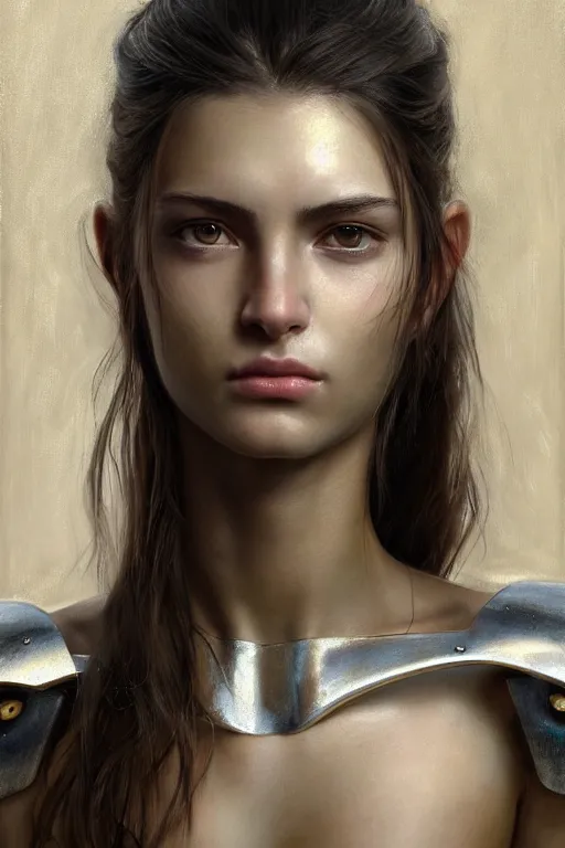 Image similar to a photorealistically painted portrait of an attractive young girl, partially clothed in dull metal-plated battle armor, olive skin, long dark hair, beautiful bone structure, symmetric facial features, perfect eyes, natural physique, intricate, elegant, digital painting, concept art, finely detailed, beautifully illustrated, sharp focus, minimal artifacts, from Metal Gear, by Ruan Jia and Mandy Jurgens and Artgerm and William-Adolphe Bouguerea, in the style of Greg Rutkowski, trending on Artstation, award winning