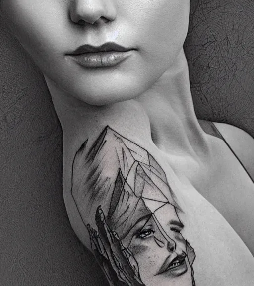 Image similar to tattoo design sketch of an extremely beautiful woman face next to a faded background of beautiful mountains on her side, hyper - realistic, double exposure effect, in the style of den yakovlev, amazing detail, black and white, faded