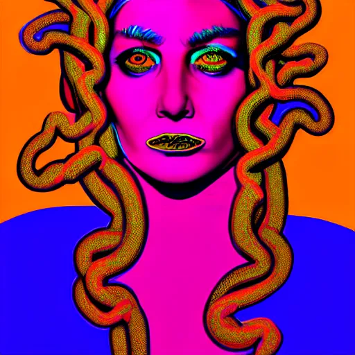 Image similar to an extremely psychedelic portrait of medusa as andy warhol, surreal, lsd, face, detailed, intricate, elegant, lithe, highly detailed, digital painting, artstation, concept art, smooth, sharp focus, illustration