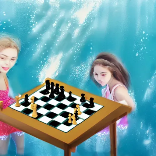 Image similar to Cute girls are playing chess underwater, photorealistic render