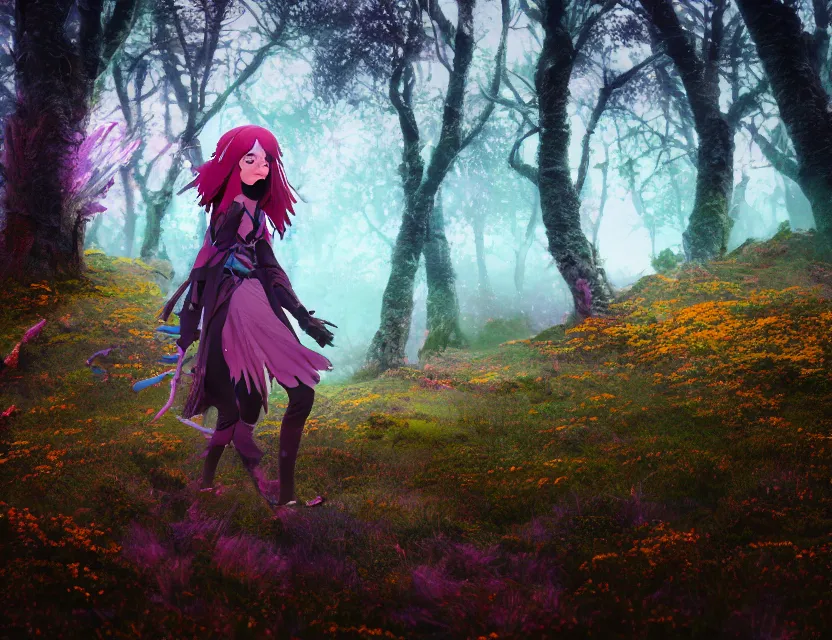 Prompt: ravenfolk woman wandering in the lichen woods. safe for work, complementary colors, anime still, luminescent, 3 d render, 4 k, rimlight.