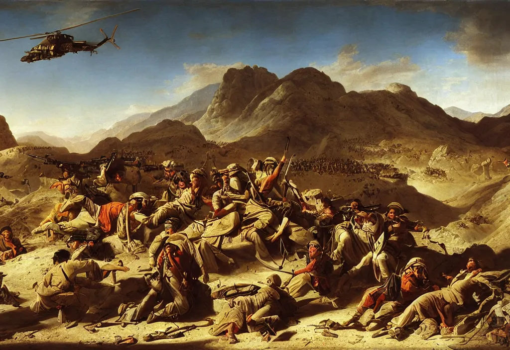 Image similar to afghanistan war by jacques - louis david, desert, us army, battlefield, helicopters firing, bombs