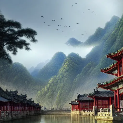 Prompt: In the morning light, Chinese ancient buildings ，Magnificent and fantastic John Howe landscape, lake, clouds, farm,Fairy tale,light effect,Dream, Greg James Gurney