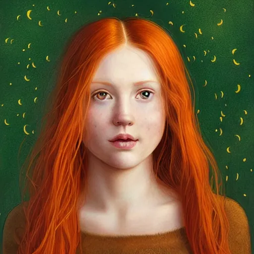 Image similar to portrait of a red haired girl, long hair, green eyes, hint of freckles, beautiful round face, soft amazed smiles, among golden fireflies, highly detailed, deep focus, elegant, digital painting, smooth, sharp focus, golden ratio, illustration, ultra realistic, 8 k, art by leonardo da vinci