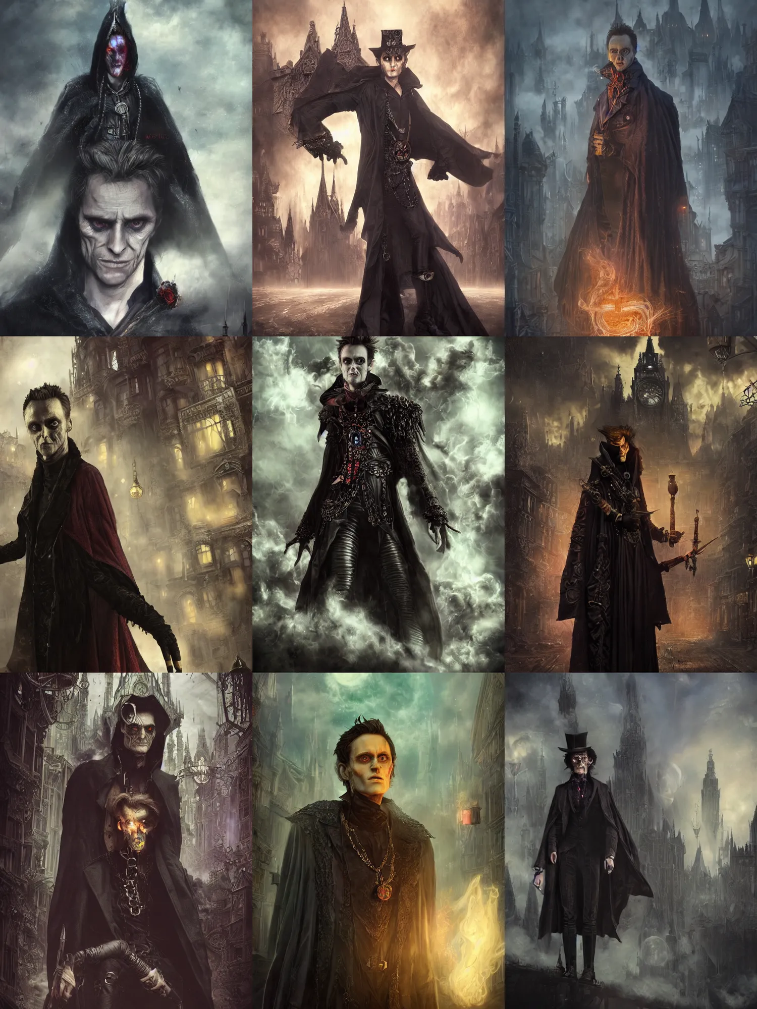 Prompt: a young mix of evil robert patterson, willem dafoe, michael emerson, evil wizard with dark cloak, intricate colorful cosmic smoke magic, victorian steampunk city vista, hyperrealism, octane render, extremely detailed, style of mark ryden, earl nore, hyung tae, frank frazetta