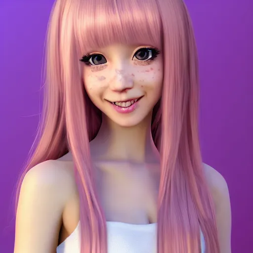 Image similar to Render of Nikki from Shining Nikki Dress-Up Game, a cute 3D young woman, long light pink hair, full bangs, full round face, hazel amber eyes, pale skin, cute freckles, light blush, Chinese heritage, smiling softly, wearing casual clothing, interior lighting, cozy living room background, medium shot, mid-shot, hyperdetailed, trending on Artstation, Unreal Engine 4k