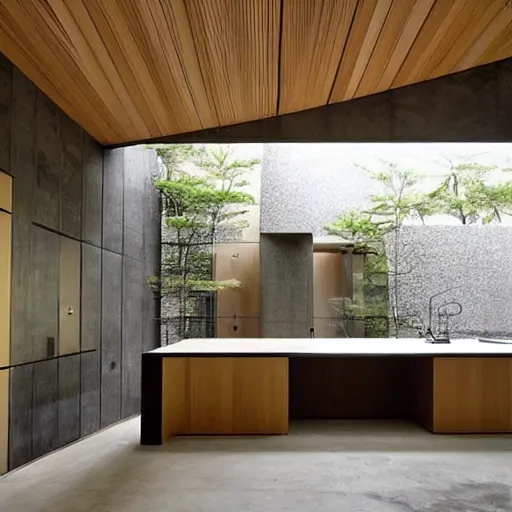 Prompt: “extravagant luxury modern kitchen, interior design, natural materials, by Tadao Ando and Koichi Takada”