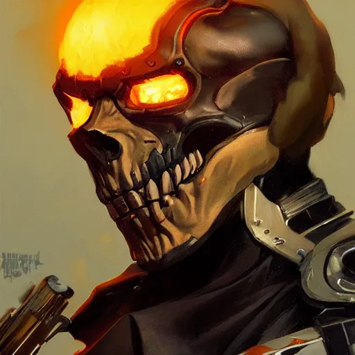 Image similar to greg manchess portrait painting of ghost rider as overwatch character, medium shot, asymmetrical, profile picture, organic painting, sunny day, matte painting, bold shapes, hard edges, street art, trending on artstation, by huang guangjian and gil elvgren and sachin teng