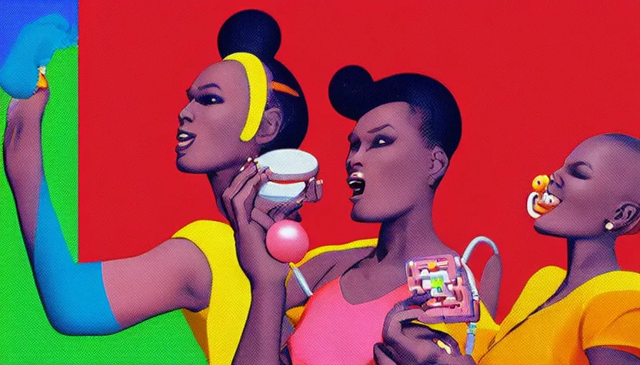 Prompt: beautiful still from retro snes arcade game featuring grace jones feeding her bioenhanced tamagotchi child, hyperreal detailed facial features and uv lighting, retro nintendo bitmap pixel art