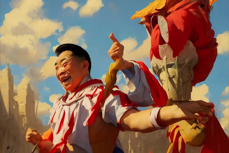 Image similar to greg manchess portrait of an asian man in a jester outfit cheering in the center of an arena, profile picture, organic painting, sunny day, matte painting, bold shapes, hard edges, street art, trending on artstation, by huang guangjian, gil elvgren, ruan jia, randy vargas, greg rutkowski