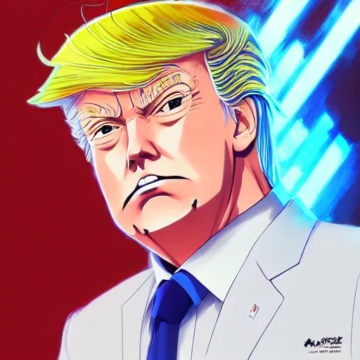 Image similar to anime portrait of Donald Trump as an anime boy by Stanley Artgerm Lau, WLOP, Rossdraws, James Jean, Andrei Riabovitchev, Marc Simonetti, and Sakimichan, trending on artstation