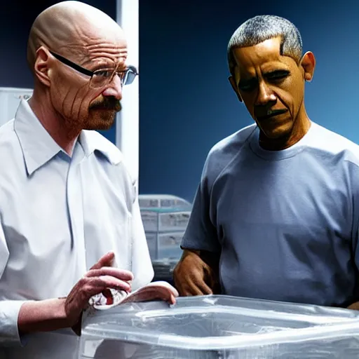 Image similar to Walter White and Obama staring at a ziploc bag full of crystal blue meth