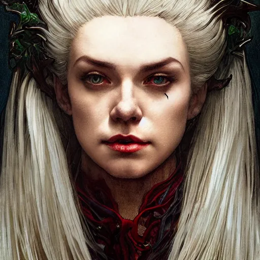 Image similar to portrait of a menacing beautiful vampire, head only, headshot, detailed and clear eyes and mouth, blinding white hair by Stanley Artgerm Lau , greg rutkowski, thomas kindkade, alphonse mucha, loish, norman rockwell, J. C. Leyendecker. hair waving in the wind, pale skin, sinister complexion, thorn crown, image bordered by thorns, thorn background. D&D, fantasy. Trending on artstation rule of thirds extremely detailed illustration hd 4k