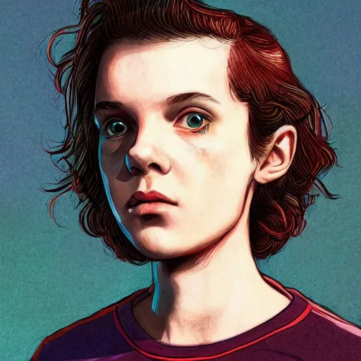 Prompt: beautiful side portrait of Eleven from Stranger things in a scenic!!! Environment by martine johanna, artstation winner,lines ,figurativism!, portrait,