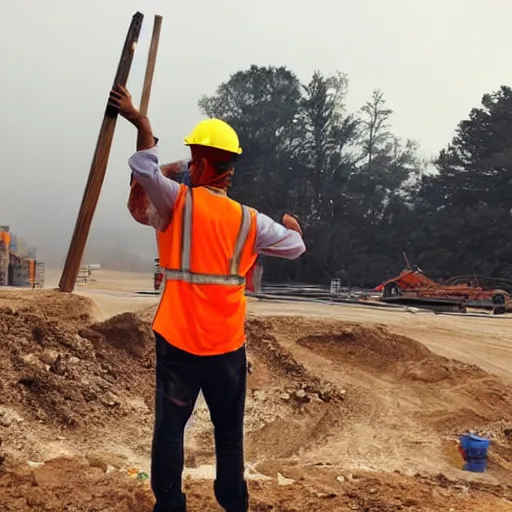 Prompt: a person wearing a crown who is supervising on a construction site and a leader of the team he is holding a spear cinematic photograph, atmospheric, foggy.