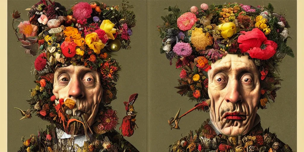 Image similar to an album cover of a man with a strange hat on his head by Arcimboldo, behance contest winner, award winning, masterpiece, pop surrealism, made of flowers, surrealist-H 1024