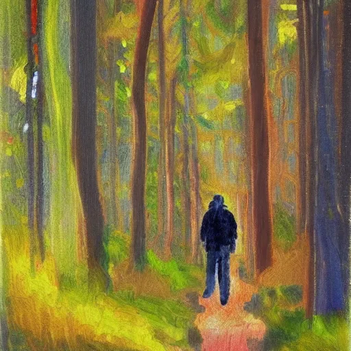 Prompt: A man walking on a path in the woods, he’s holding a flashlight, impressionist art