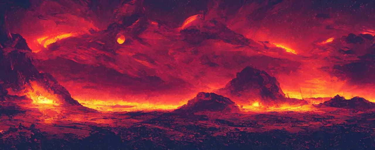 Image similar to ” burning landscape at night, [ cosmic, cinematic, detailed, epic, widescreen, opening, establishing, mattepainting, photorealistic, realistic textures, octane render, art by slop and paul lehr ] ”