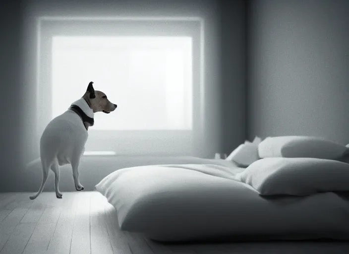 Image similar to photography of a Jack Russel watching outside the window on a bed in a 3d rendered white room, octane render, 3d, foggy, volumetric light, volumetric fog, photorealistic, unreal engine 5, award winning photo, 100mm, sharp, cloth, high res