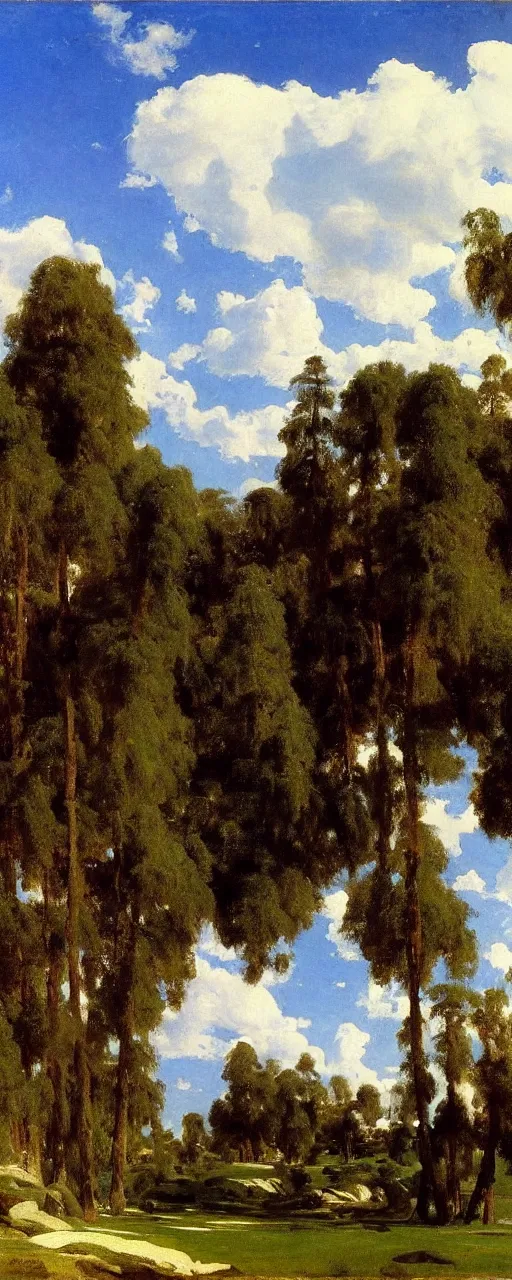 Image similar to disney backdrop of a blue sky with white couds by eugene von guerard, ivan shishkin, john singer sargent