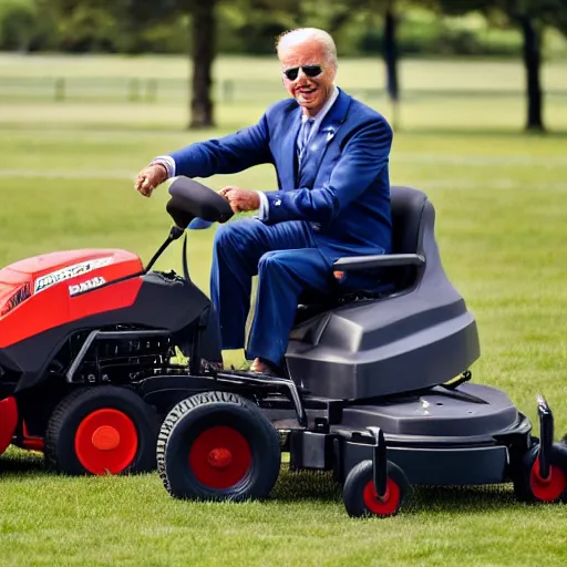 Image similar to joe biden driving a lawn mower