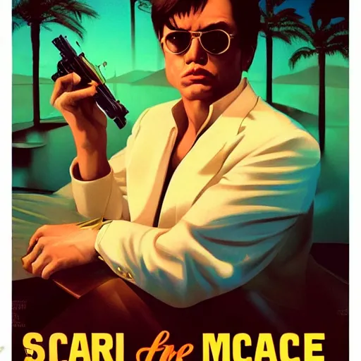 Image similar to scenes from the movie scarface as vintage poster art, coherent, intricate, elegant, volumetric lighting, sharp focus on scenery, digital painting, highly detailed, artstation, sharp focus, illustration by j scott campbell hsiao ron cheng, ngai victo