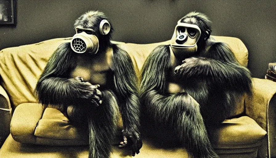 Image similar to great ape wearing a gas mask sitting on a couch, in the style of gregory crewdson