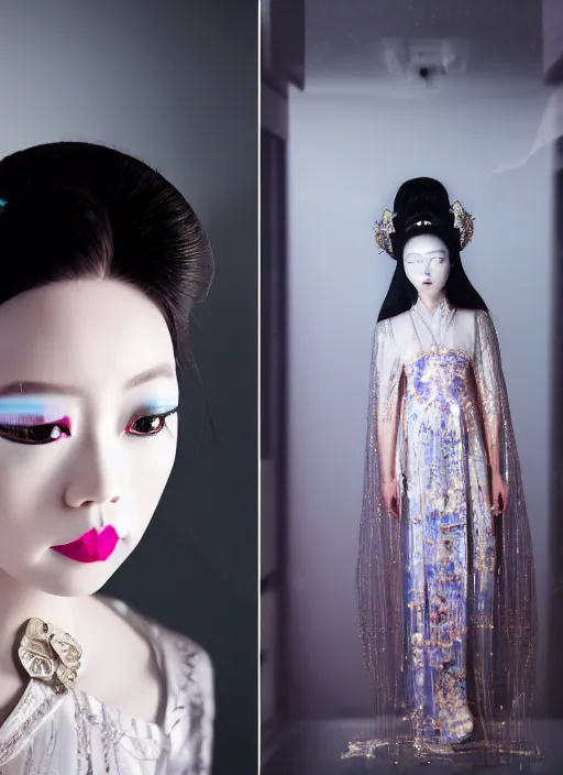 Prompt: photo shoot pose photo of beautiful Chinese ancient princess standing in the corridor in the space ship, symmetrical face, big eyes and lips, looking down, subtle makeup, clean face and body skin,ecstatic expression, ornamental jewelry and ancient translucent clothes, futuristic space ship interrior, wires with lights,depth of field, lens flares, dust in the air, moody lighting, intricate, elegant, highly detailed, centered, smooth, sharp focus, Donato Giancola, Joseph Christian Leyendecker, WLOP, Boris Vallejo, Artgerm moody photography, old photo, black and white, sepia, cinematic lighting, cinematic angle, editorial photography