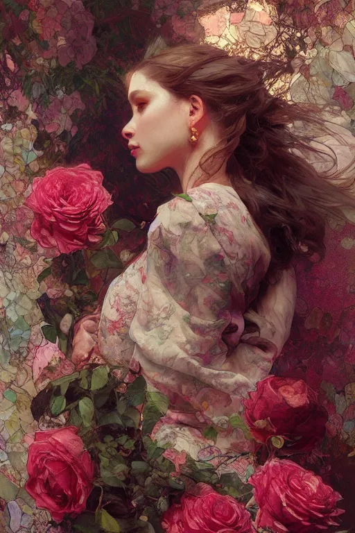 Prompt: an intricate artistic painting of a beautiful pattern made of elegant roses with painterly motives and textures, hyper detailed, octane render, vivid colors, artstation, by jeremy mann, by alphonse mucha