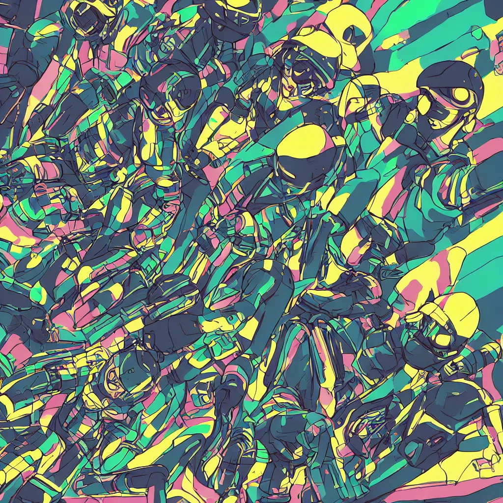 Image similar to people wearing helmets, ryuta ueda artwork, jet set radio artwork, stripes, gloom, space, cel - shaded art style, broken rainbow, data, minimal, speakers, code, cybernetic, dark, eerie, cyber