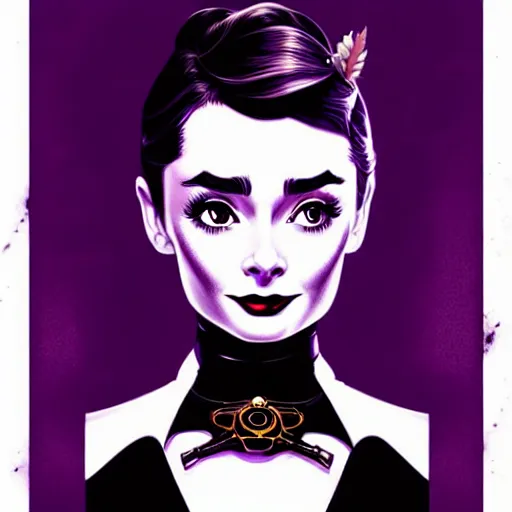 Image similar to in the style of joshua middleton, artgerm, beautiful audrey hepburn, steampunk, bioshock, purple and green top, elegant pose, middle shot, spooky, symmetrical face symmetrical eyes, three point lighting, detailed realistic eyes, short neck, insanely detailed and intricate elegant