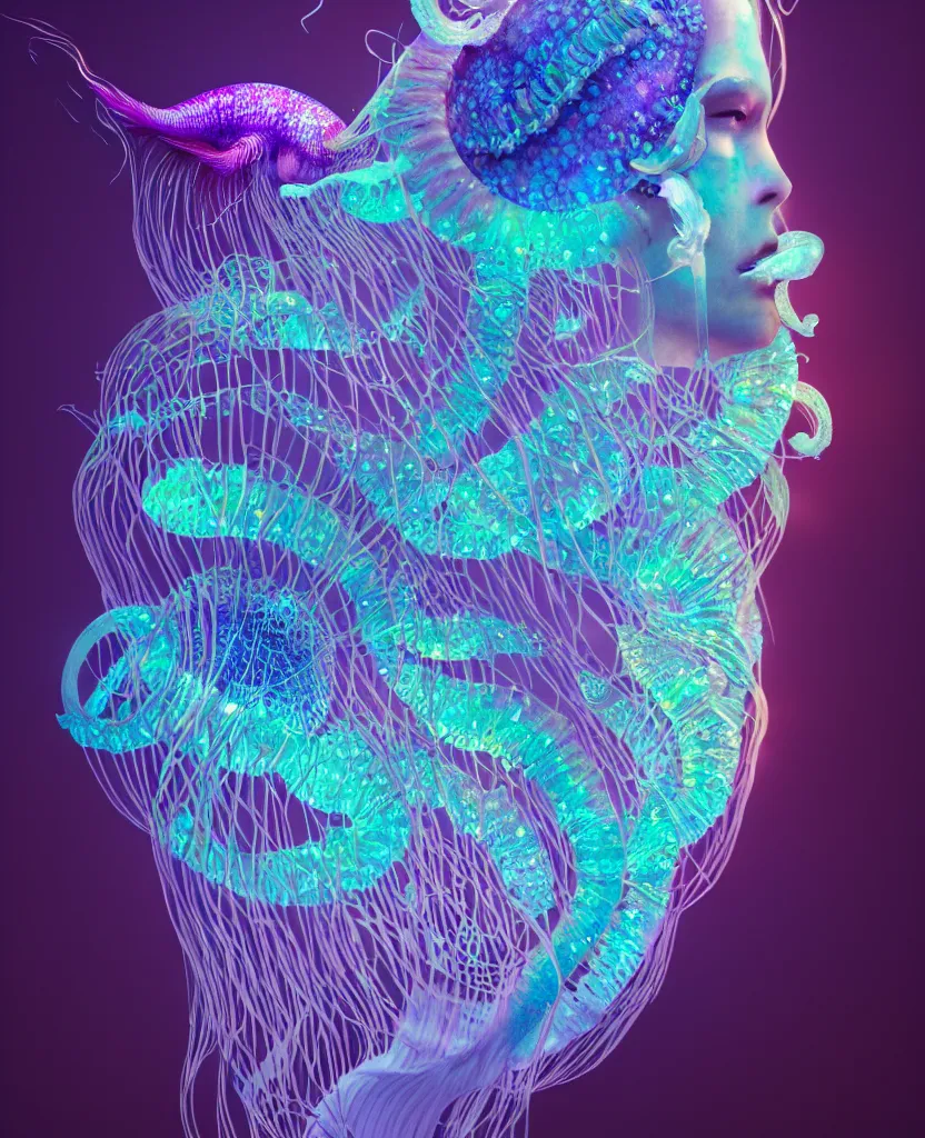 Image similar to goddess close-up portrait. dichroic orchid jellyfish phoenix head, nautilus, skull, betta fish, bioluminiscent creatures, intricate artwork by Tooth Wu and wlop and beeple. octane render, trending on artstation, greg rutkowski very coherent symmetrical artwork. cinematic, hyper realism, high detail, octane render, 8k