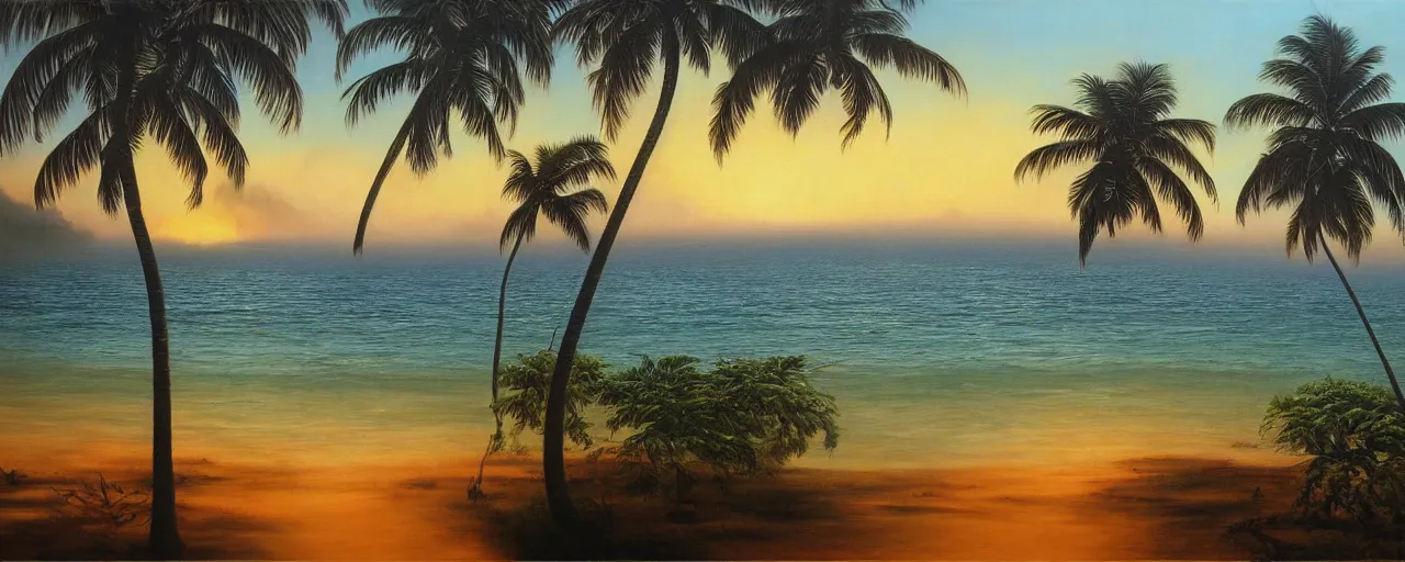 Prompt: surreal oil painting of a sri lankan landscape at sunset, coconut trees in the foreground, ocean sunset in the background, volumetric lighting, volumetric shadows, realistic oil painting by h. r giger, - h 6 4 0,