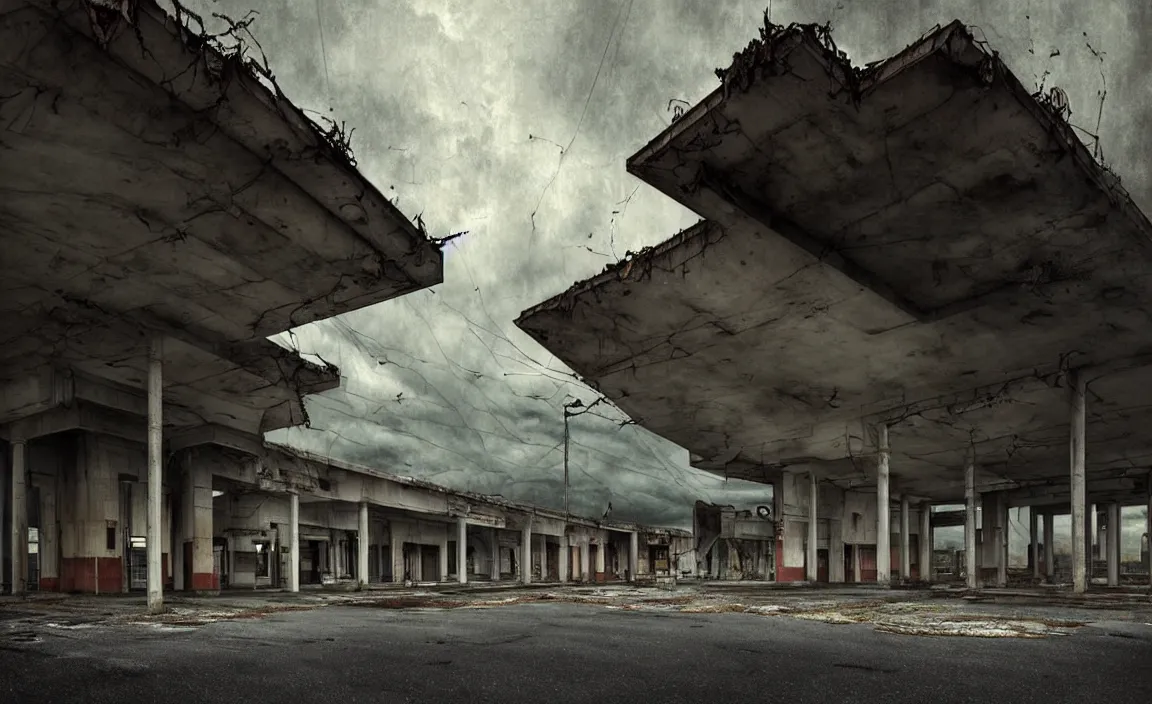 Prompt: epic professional digital art of abandoned italian eni gas station, faint taupe moody atmospheric lighting, painted, intricate, detailed, detailed, foreboding, by leesha hannigan, wayne haag, reyna rochin, ignacio fernandez rios, mark ryden, iris van herpen,, epic, stunning, gorgeous, much wow, cinematic, masterpiece.