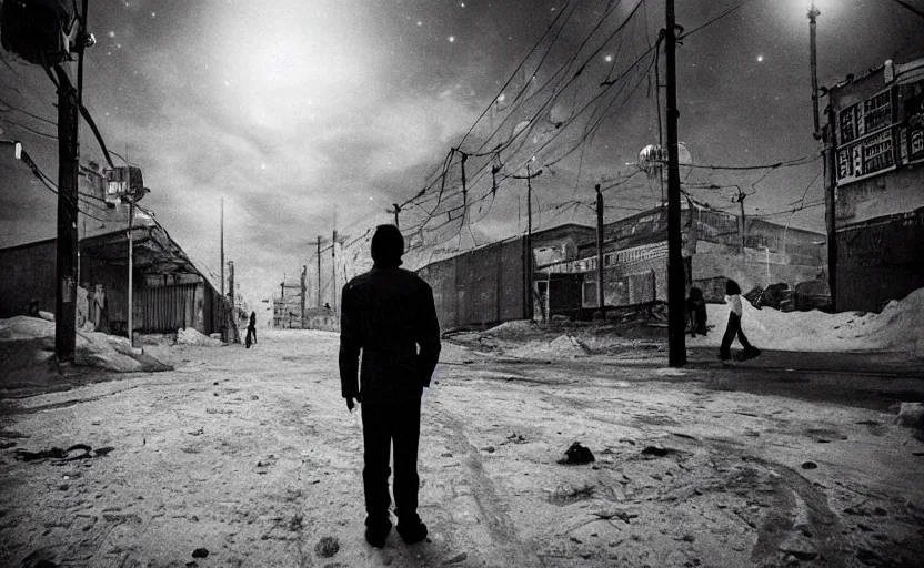 Image similar to In a futuristic space city of Neo Norilsk on the Moon, a Mysterious man is standing in the middle of a street photo by Trent Parke, bright lights, a city on the Moon