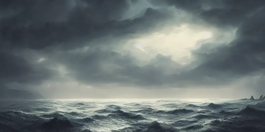 Prompt: of a creepy sea dark turbulent skies, photorealistic, by jessica rossier, 4 k resolution