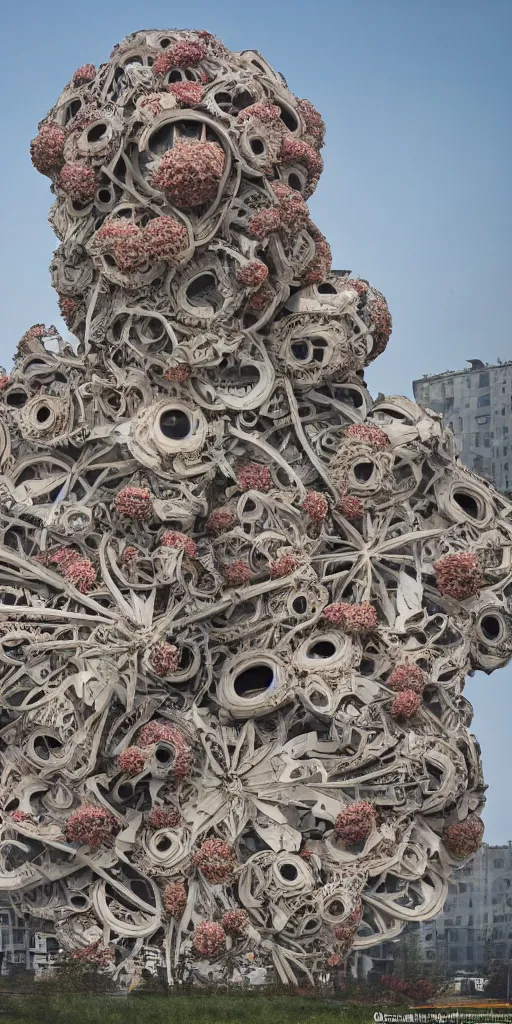 Image similar to colossal grotesque flower made from unfulfilled communist dreams in the middle of abandoned post soviet constructivist cityscape, Stalinist architecture, ultradetailed, Intricate by Hayao Miyazaki and Josan Gonzalez and Makoto Shinkai and Giuseppe Arcimboldo and Wes Anderson