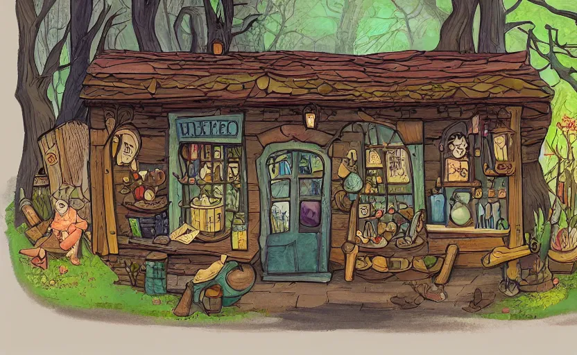 Image similar to witch's shop, storybook, gouache, flat, concept art, lush