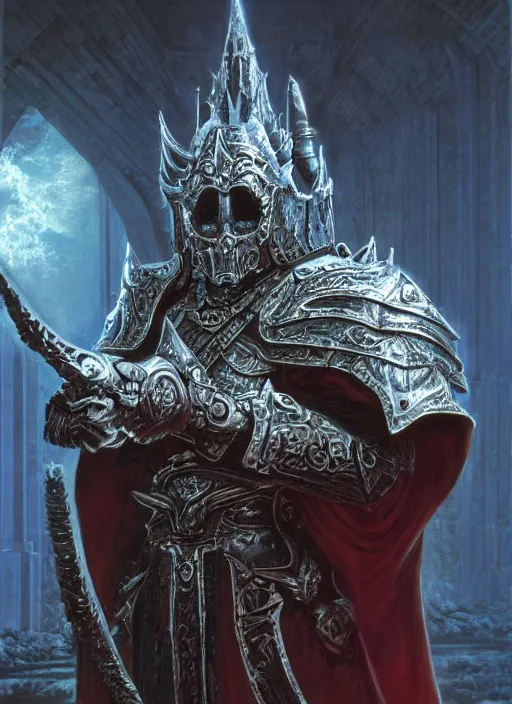 Image similar to hyper realist render of lich king by wayne berlowe