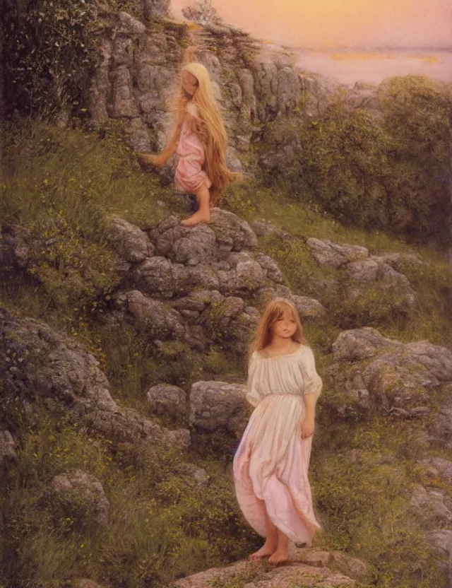 Image similar to peasant barefoot girl with long blowing hair standing on the edge of rock, cottage core, cinematic focus, polaroid photo bleached vintage pastel colors high - key lighting, soft lights, foggy, by steve hanks, by lisa yuskavage, by serov valentin, by tarkovsky, 8 k render, detailed, oil on canvas