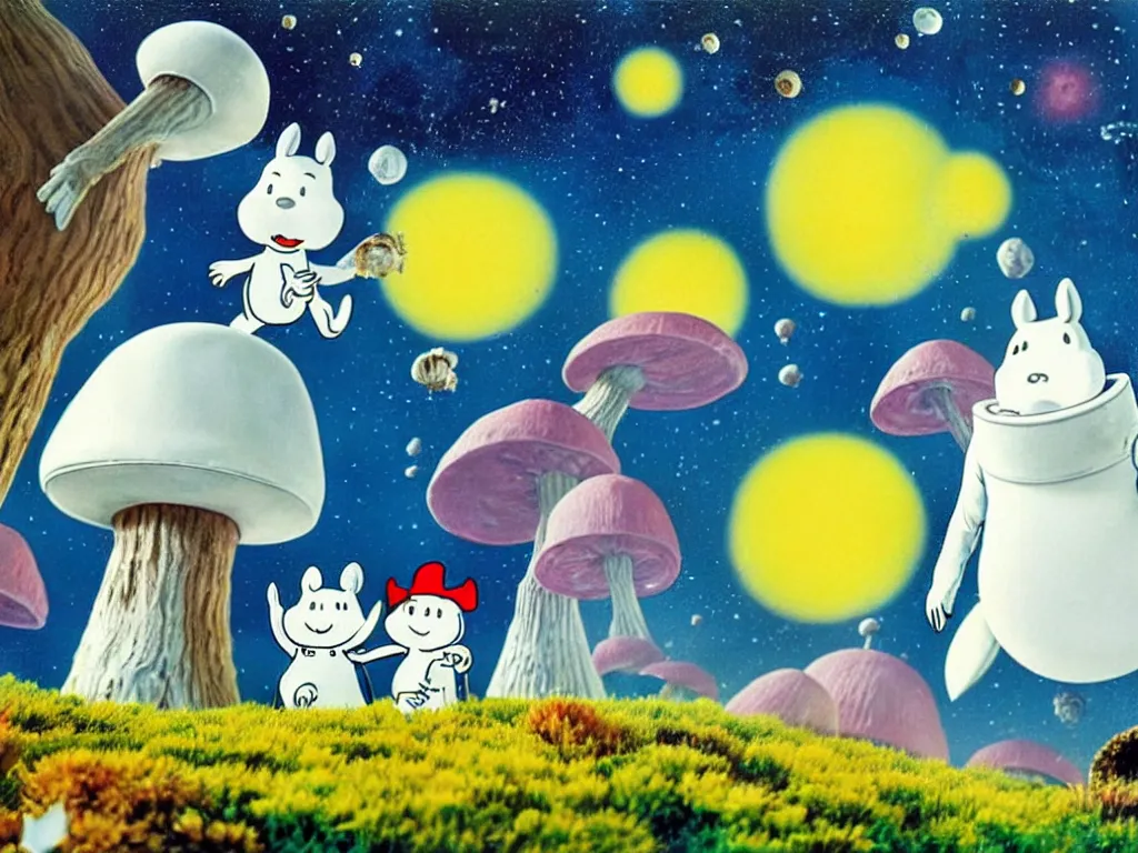 Image similar to moomins in space suits flying around with jetpacks discovering the mushroom planet, photorealistic painting, cgi, low light, movie still