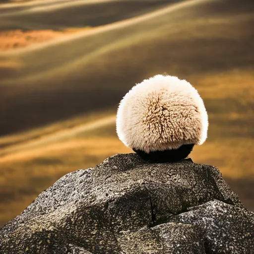 Prompt: a spherical alpaca on top of a mountain, photo, National Geographic, 8k