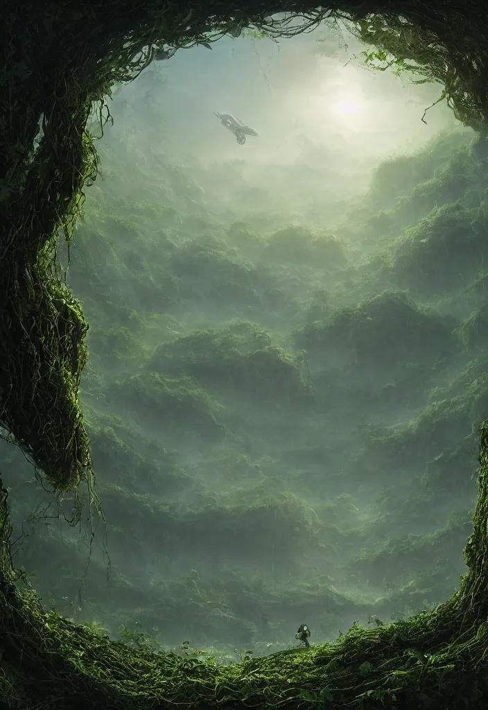 Prompt: beautiful matte painting by arthur gurin concept art of ancient alien ufo wrapped in vines and hovering in the middle of a jungle, atmospheric lighting, painted, intricate, volumetric lighting, sense of scale, mysterious, rich deep colors masterpiece, sharp focus, ultra detailed, view from bottom