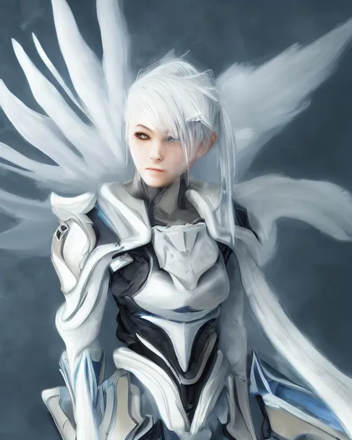 Image similar to perfect white haired girl, warframe armor, beautiful, dreamy, half asian, pretty face, blue eyes, detailed, windy weather, scifi, angel wings, utopian architecture, laboratory, 4 k, ultra realistic, epic lighting, cinematic, high detail, masterpiece, art by akihito tsukushi, akasuki voidstar