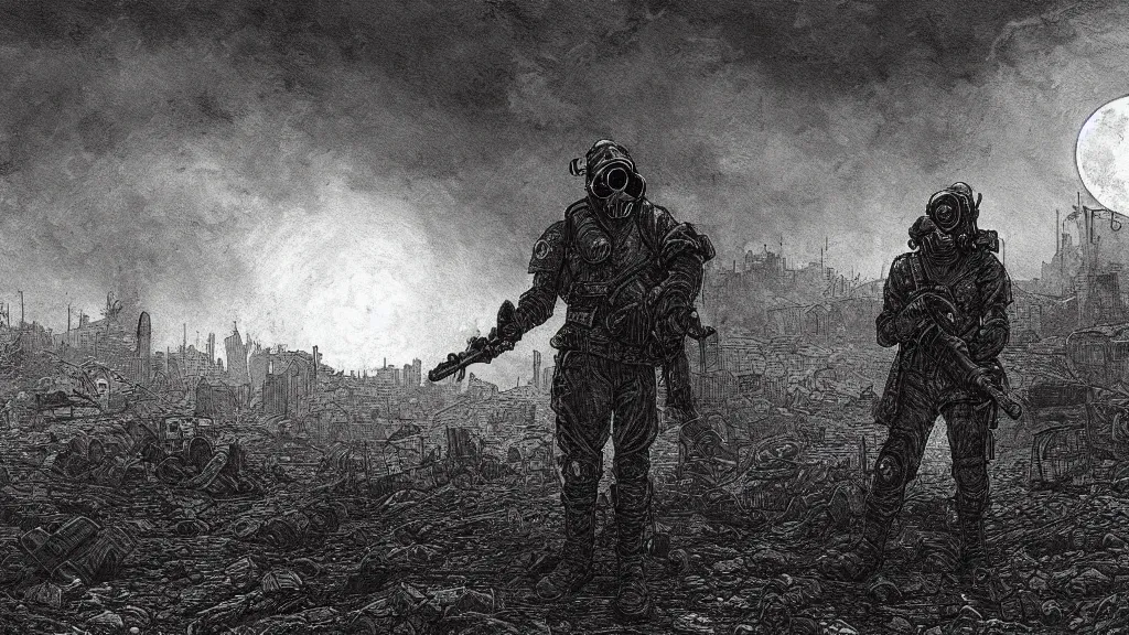 Image similar to Fallout, soldier with a gasmask, dark clouds, fire, burning, dark, eerie, night, dystopian, city, buildings, ruins, trees, moon, eldritch, illustration by Gustave Doré