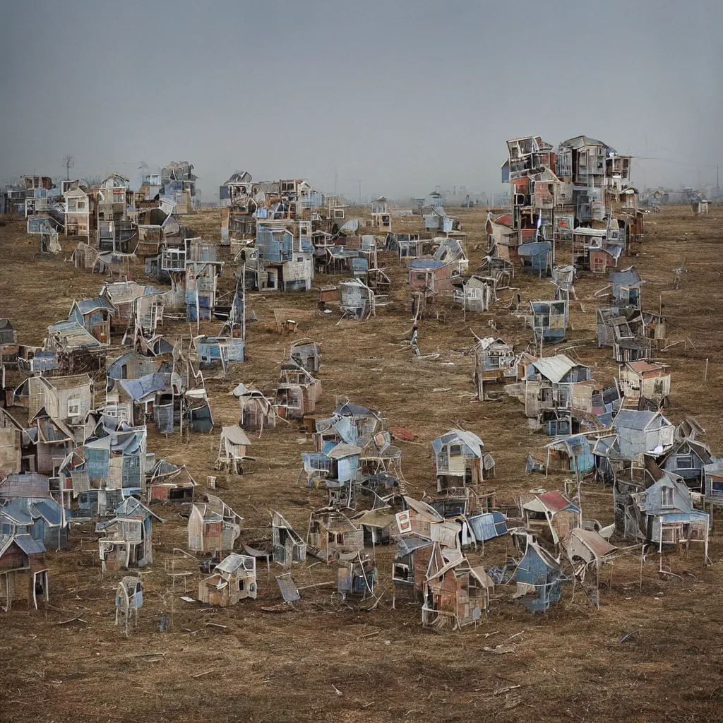 Image similar to towers made up of densely stacked makeshift squatter shacks with faded colours suspended over a quagmire, plain uniform sky at the back, misty, mamiya, ultra sharp, very detailed, photographed by julie blackmon, cristina de middel and john chiara