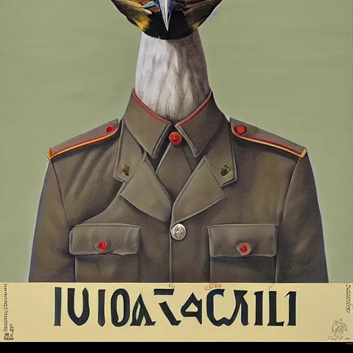 Prompt: a detailed and complex, highly detailed, concept art, soviet propaganda poster depicting a dromaius in military uniform. painting by irakli toidze,